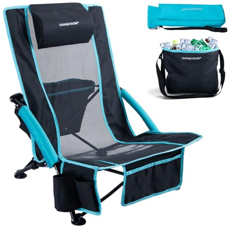 CHANGE MOORE Low Beach Chair with 2-in-1 Cooler Bag, 1 Pack Support up to 300lbs Folding Beach Chairs for Adults with Cup Holder, Removable Pillow & Carry Bag for Outdoor Sand Lawn Picnic Travel Blue
