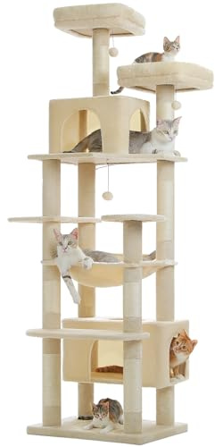 PAWZ Road - Stora kattklösträd, stabil, 205 cm, med hängmatta, 7 sisalposter, stor sittstång, grotta, korgar, för inomhuskatter, beige