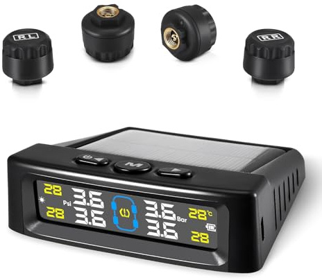 Système de Contrôle de la Pression des Pneus TPMS, étanche IPX7, Support Charge Solaire,Capteur Pression Pneu avec écran LCD Couleur et 4 Capteurs Externes,0-5 bar pour Voitures, Caravanes,Camions