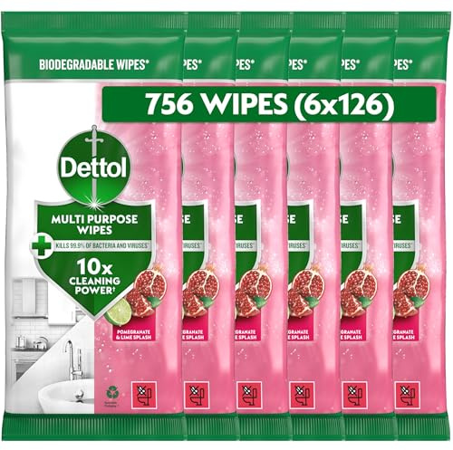 Dettol Antibacterial Multipurpose Cleaning Wipes, Pomegranate & Lime, 756 Wipes (126 x 6pck) Disinfectant, Biodegradable, 10X Cleaning power vs Water alone, Kills 99.9 Percent of Germs