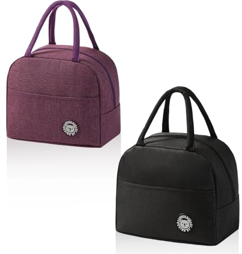 AMONENZ 2 Piezas Bolse Termica, Negro y Morado Bolso Termico Comida Trabajo, Duradero Bolse Nevera Pequeña, con Bolsillos Laterales, para Oficina, Escuela, Hogar