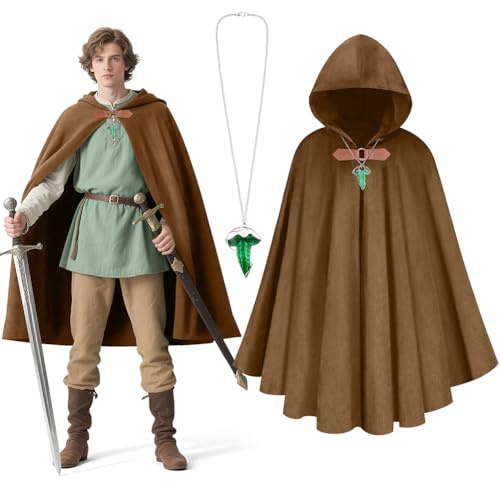 BSBUY Capa Hobbit, Capa con Capucha y Collar de Hojas Verdes | Capa de Terciopelo, Cloak Medieval Unisex Halloween, Cloak de Bruja Medieval Renacentista Fiestas Cosplay