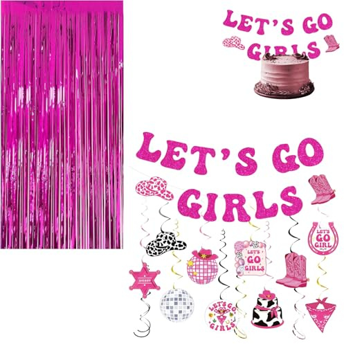 Decoración Fiesta Vaquera Rosa para niñas 22 Piezas – Set cumpleaños con Pancarta, remolinos Colgantes, Tarjetas temáticas y Cortina de Flecos 2m – Ideal para Fiestas Disco Cowgirl