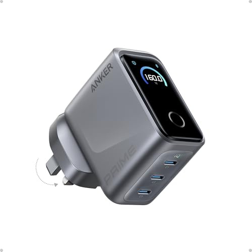 Anker Prime 160W USB C Charger, 3-Port GaN, Smart Display, Touch Control | Compact Laptop Charger, Ultra Fast 140W Charging at 1 Port, for MacBook Pro, iPhone 17/16/15 Series and More