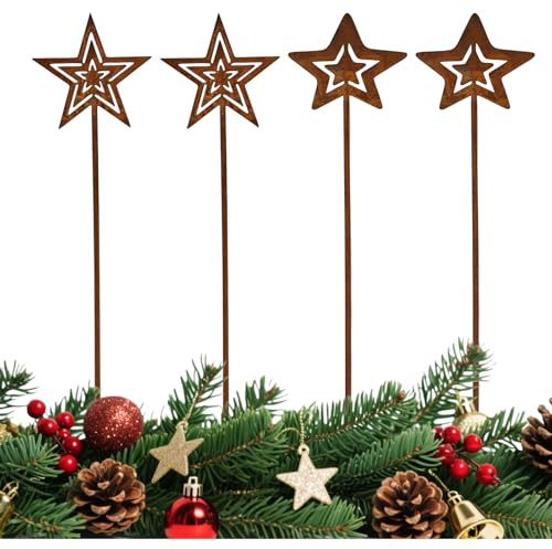 4 Stück Gartenstecker Sterne Rost Weihnachten, Rostige Stern Gartenstecker aus Metall, Rost Sterne Deko, Sterne Weihnachten Deko, Weihnachtsdeko Gartendeko Outdoor für Advent, Terrasse, Blumentopf