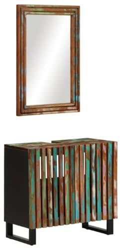 QUAHEAS 2-TLG. Badmöbel-Set Massivholz Akazie, 62x34x58 cm, Waschbeckenunterschrank mit Spiegel, Robustes Hartholz, für Badezimmer, natürliche Optik