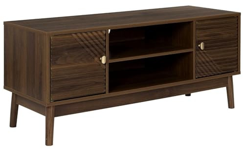 HowHomely Mueble de TV Lare con puertas y estantes de color nogal oscuro – Mesa de televisión de diseño moderno retro con asas doradas, espacio de almacenamiento, muebles de salón