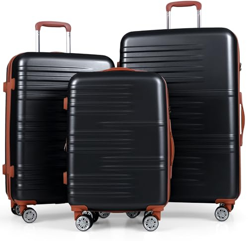 COSTWAY 3-delat väskuppsätt, 50 + 61 + 71 cm resväska, utbyggbart, hårt väskupsätt med TSA-lås, teleskopisk handtag, 4 hjul och skyddsfodral, hårt fodral för resor, Svart, 20” + 24” + 28”, Klassisk