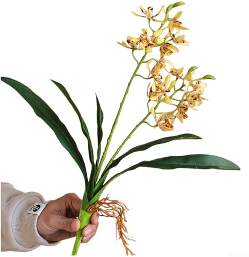 Orchidea artificiale Phalaenopsis con 2 steli a forchetta per decorazione di nozze, uso domestico, accessorio fotografico con look realistico e filo regolabile (giallo)