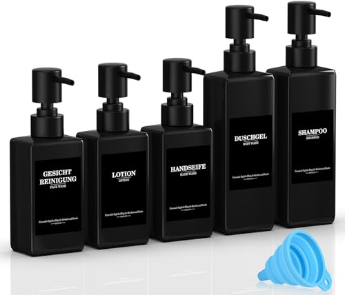 5er Set Wiederverwendbare Shampoo Spender Flaschen zum Befüllen, 3x300ml + 2x500ml Schwarz Nachfüllflaschen mit Pumpspender, Etiketten & Trichter für Bad Küche Duschgel