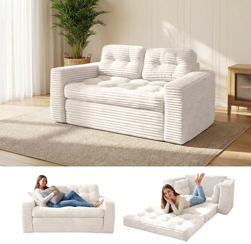 Toemics Bodensofa Schlafsofa Bed mit Pillow Back Support Armrest 140 cm Breit Klappbar Sofa 2-in-1 Design für Wohnzimmer, Schlafzimmer und Gästezimmer Weiß