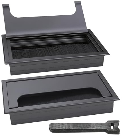 RunXinDa 2 pasacables con cepillo de aluminio – Pasacables para escritorio 160 x 80 mm – Canal de cepillo para organizar los cables – Incluye 10 bridas – Bandeja para cables para oficina y oficina en