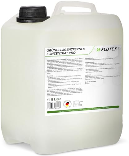 FLOTEX Grünbelagentferner Konzentrat Pro 1x5 Liter | Moosentferner entfernt Flechten, Algen & Grünspan | Steinreiniger Intensiv Aussen für Pflastersteine, Terrasse & Beton