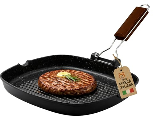 AKITAInk Bistecchiera in Alluminio Pressofuso Antiaderente Quadrata e Rettangolare, Ideale per Carne, Verdure e Grigliate, Compatibile con Induzione, 28x28 cm