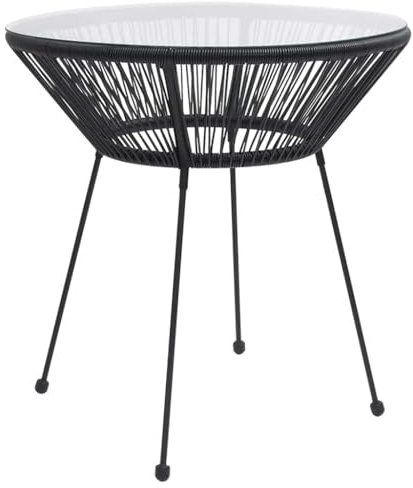 Tonture Garten-Esstisch Schwarz Ø70x74 cm Rattan und Glas wetterfest pulverbeschichteter Stahl Balkontisch Terrassentisch Outdoor platzsparend langlebig