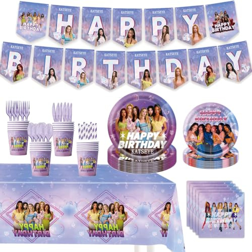 Katseye Birthday Party Tableware Set Supplies: Banner, Paper Plates, Cups, Napkins, Tablecloth