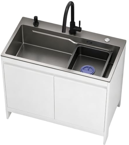 68cm Mobiletto Lavatoio per Lavanderia Interno ed Esterno, Lavello in Acciaio Inox 304 con Mobile in Alluminio Impermeabile, Lavabo con Bacino Rimovibile, Miscelatore e Kit di Scarico Completo