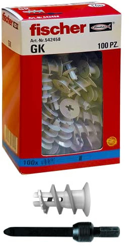 Fischer 542458, GK-Dübel, speziell für Gipskarton, inklusive Montagezubehör, grau, 100 pz, Stück