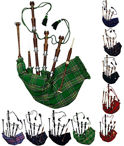 AAR Schottischer Dudelsack in voller Größe, Palisanderholz oder schwarzes Finish, mit silberfarbenen Halterungen, inklusive Anleitungsbuch, Tragetasche, Drohne, Schilfrohrblätter (braun, nationalgrün)