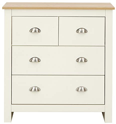 GFW Lancaster 2+2 Drawer Chest of Drawers, Cream and Oak Effect Bedroom Storage Unit, Shaker Style Chest with 4 Drawers