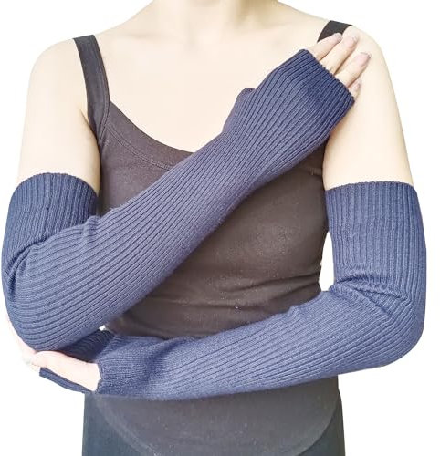 Share Maison Women’s Cashmere Wool Arm Warmers With Thumb Hole, 20” Long Fingerless Gloves, Soft Knit Wrist Warmer Sleeves (17-navy blue)