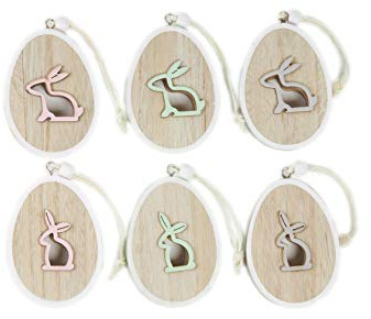HEITMANN DECO Ostereier aus Holz mit Osterhase zum Aufhängen - Osterdeko, Frühlingsdeko, Holzdeko - 6er Pack - Natur-Grau, Pink, Grün, ca. 6 x 8 x 1 cm