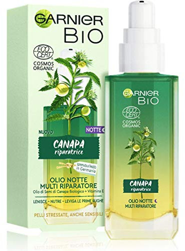 Garnier Olio Viso Notte Bio, Olio Notte Multi Riparatore Con Olio Di Semi Di Canapa Biologico E Vitamina E, Per Pelli Stressate, Anche Sensibili E Prime Rughe, 30 Ml, Confezione Da 1