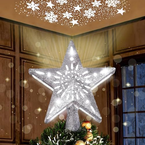 Joiedomi Weihnachtsbaumspitze beleuchtet mit Projektor, Weihnachtsstern-Baumspitze eingebaute LED-rotierende Lichter, goldener 3D-Glitzer-Projektor für Weihnachten, Urlaub, Innendekoration (Silber)