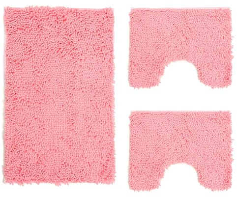 Poligono Juego de Alfombrillas de baño 3 Piezas de Microfibra, Alfombra de Pelo Largo 50 x 80 cm, 2 Alfombrillas para Inodoro y al Agua, Forma Rectangular, 40 x 50 cm, Suave, Antideslizante, Rosa