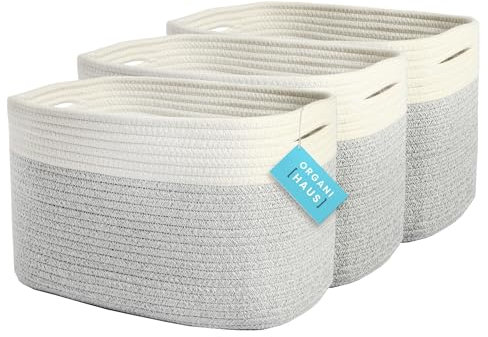 OrganiHaus Aufbewahrungskorb Rechteckig Geflochten, Körbe Aufbewahrung Wohnzimmer, Kinderzimmer, Badezimmer, Deko Korb, Faltbar mit Griffen für Decken & Spielzeug – Grau, 37x25x22,5 cm