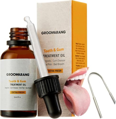 Groomarang Gum Oil - Made from 100% Pure Botanical Oils (Extra Fresh) Convenient Dropper Bottle for Accurate Dispensing 30ml Includes Stainless Steel Tongue Scraper