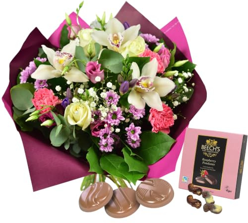 Serenade in Pink Bouquet with Roses, Orchids, Carnations, and Lisianthus | Long-Lasting, Fragrant, Floral Pastel Arrangement, A Gift for Weddings, Birthdays, Gift Chocolate
