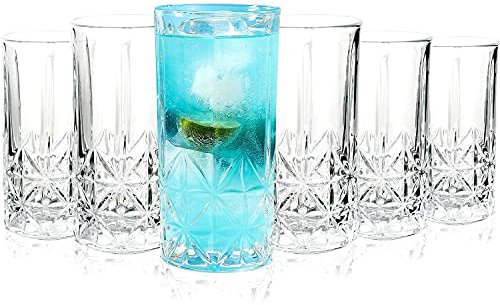 Vinsani Set of 6 Highball Royal Whisky Glasses 300ml Tumblers Diamond Cut Transparent Vintage Whiskey Wine Rum Brandy Cocktail Gin Beer Drinkware Glasses Bar Gift Set for Men Women