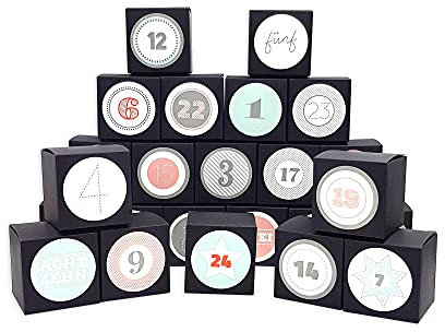 Frau WUNDERVoll® DIY Adventskalender Vorfreude zum Befüllen, 24 Faltschachteln schwarz 7(L) x7(B) x7(H) cm (gefaltet), XL Ziffern pastell/Weihnachten, Aufkleber, Würfelbox, Faltverpackung, Schachteln