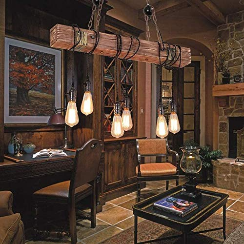 Lfoute Retro Holz Pendelleuchte Industrial Hängelampe Vintage E27 Kronleuchter Höhenverstellbar Pendellampe Landhausstil Für Restaurant Esszimmer Wohnzimmer Schlafzimmer Küche Deko Leuchte,6 Flamme