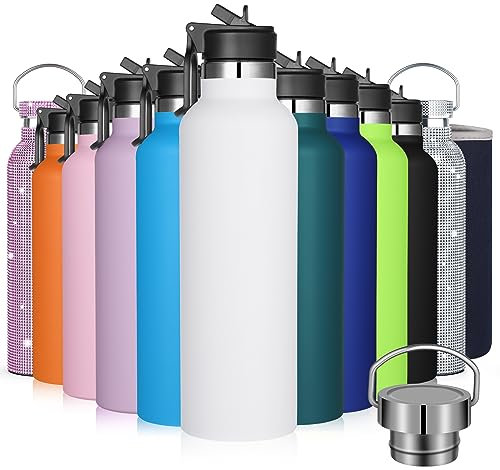 GeeRic Stainless Steel Water Bottle 750ml Matte Metal Bottle+Bag+Straw Cap Double-Liner Vacuum Insulated 750ML Water Bottle Hold 18H Hot/24 Cold Thermal Bottle for Camping,School,Sports White