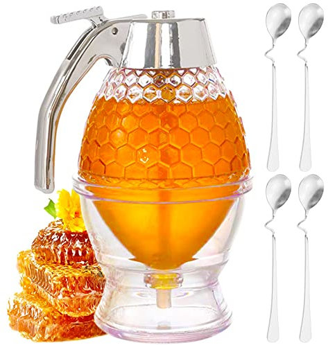 Bootoow Dispenser di Miele Acrilico Trasparente - Barattolo Con Supporto e 4 Cucchiai Lucidi - Agitare per Erogare