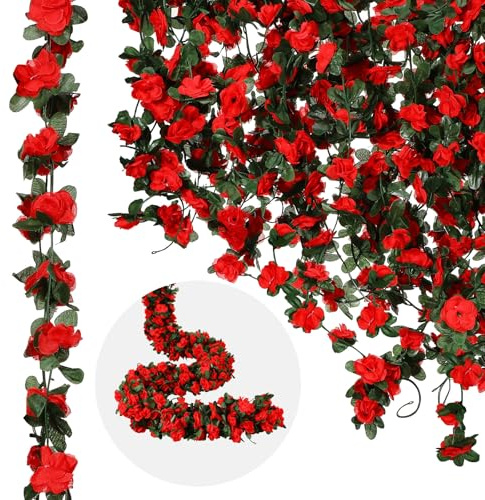 12 Pcs 100 ft Flower Garland Artificial Rose Vine with Green Leaves Hanging Artificial Flower Vines Ivy Garlands Wall Garden Decor for Room Wedding Birthday Arch Decor(Red)