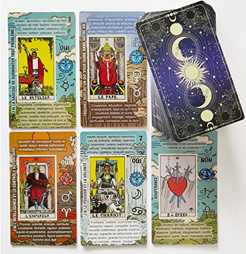 Tarotkarten Deutsch – Tarot Karten für Anfänger mit Bedeutungen auf den Karten – Ja oder Nein, Astrologie, Planeten und Chakren – Kein Handbuch erforderlich (Französisch)
