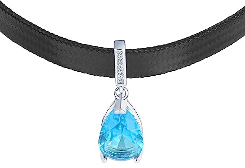 Yumilok Kette Damen Halskette Collier 925 Sterling Silber Choker Wassertropfen blau Lederseil schwarz für Damen Valentinstag
