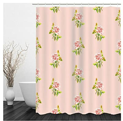 Whoiy Badevorhang Polyester, Duschvorhang Eckbadewanne 165X180cm Badegardinen Rosenform Rosa Waschbar Wasserdicht