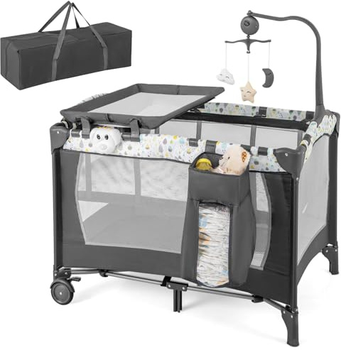 COSTWAY 3 in 1 Beistellbett klappbar, Reisebett mit Matratze, Hängespielzeug, Spieluhr, Wickeltisch & Tragetasche, 2 Ebene Babybett mit Rollen für Baby bis 36 Monaten (Beige)