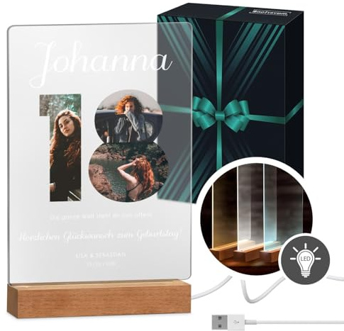 Maverton beleuchteter LED-Rahmen mit eigenem Foto - personalisiertes Acrylglasbild mit Holzständer mit LED-Beleuchtung - Glasfoto für Frauen zum Geburtstag - Größe: 21x32x4,5cm - 18. Geburtstag