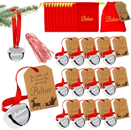 Christmas Believe Bell Ornaments, Polar Express Bell, Silver Sleigh Bell, Christmas Tree Bell Decoration Holiday Treat Gifts for Kids & Adults