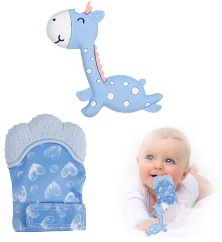 2 Pack Baby Teething Set - Teething Mitten & Giraffe Teething Toy for Soothing Pain Relief, Blue