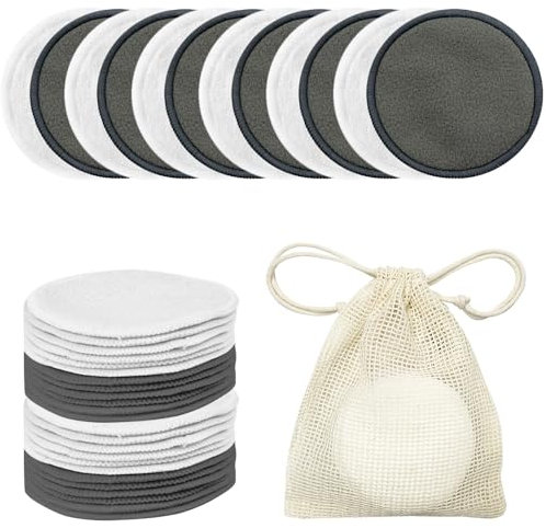 SPOKKI 24 Cotons Démaquillants Lavables Fibre de Bio Bambou, Tampons Démaquillant Lavable avec Sac à Laver, Disque Coton Demaquillant Réutilisable en Bio Bamboo pour Tous Types de Peau (Gris + Blanc)