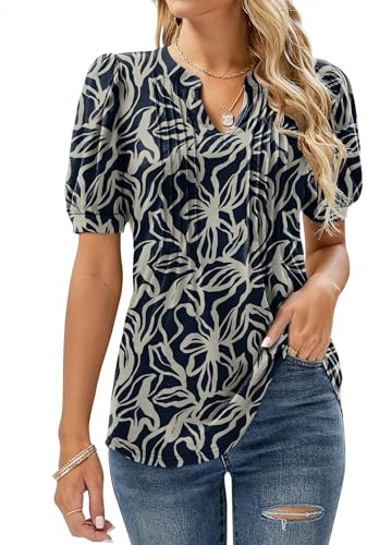 EFFAN Womens Summer Tops Casual V Neck Pleated Short Sleeve T Shirts Flower Print Tunic Blouse Floral_Navy L (UK 16-18)
