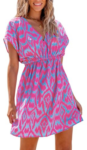 CUPSHE Damen Bikini Cover Up Strandkleid V Ausschnitt Kurzarm Blätter Print Seitenschlitz Sommer Beach Mini Dress