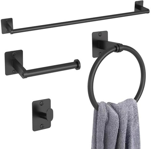 KLJKPA - Juego de accesorios de baño negro mate, 4 piezas, barra de toalla de 24 pulgadas, toallero y ganchos para toallas, soporte para papel higiénico