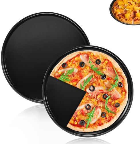 Pojedehy Pizza Tray, 2 PCS 12 inch Non-Stick Round Baking Tray, Pizza Pan Oven Tray, Pizza Oven Sheet Pan for Baking/Serving, Less-Stick, Rust